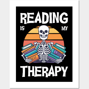 Vintage retro skeleton holding books reading is my therapy Posters and Art
